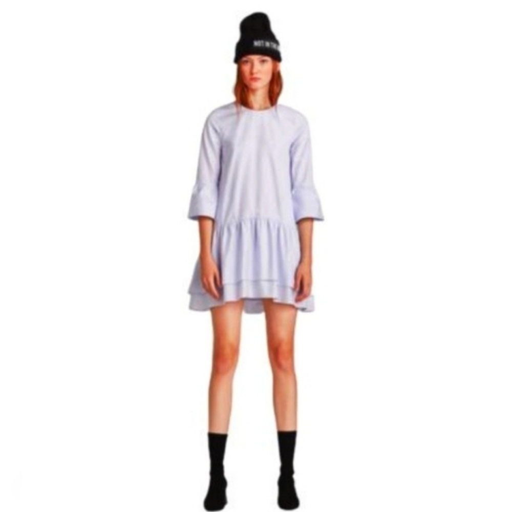 Zara | Pastel Blue Baby Blue Bell Sleeve Ruffle Hem Cotton Mini Dress Small